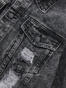 Men's vintage acid wash denim jacket detail, distressed ripped jean jacket, cool outerwear.