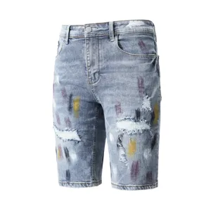 Pantaloncini di jeans da uomo strappati con schizzi di colore, bermuda estivi dratti elasticizzati.