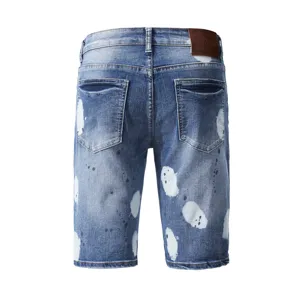 Men summer stretch denim shorts casual stylish paint splatter blue five-point denim pants
