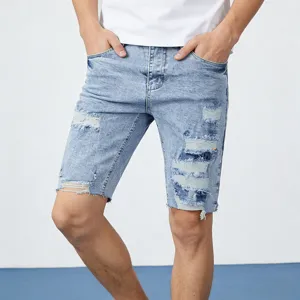 Uomo pantaloncini di jeans strappati azzurro elasticizzati bermuda estate tendenza