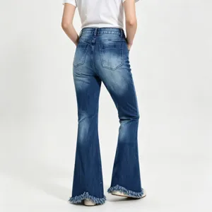 Detailed back view of high waist flared jeans with frayed raw hem and stretch denim fabric.