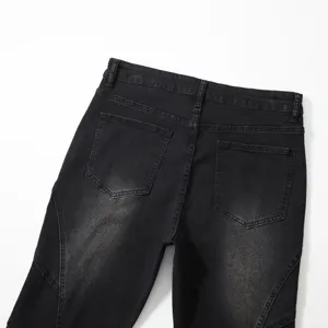 Jean droit patchwork noir lavé vintage pour homme, pantalon en denim streetwear décontracté.