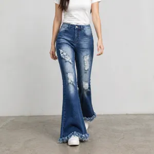 High waist distressed flare jeans with frayed tassel hem for women stretch denim pants