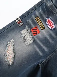 Pantaloncini di jeans blu strappati stile retro americano con toppe ricamate alla moda
