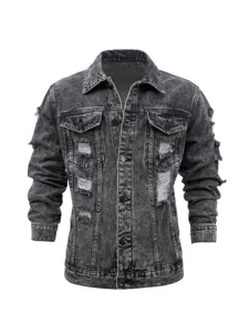 Men's Acid Wash Ripped Denim Jacket Vintage Distressed Snowflake Wash Single Breasted Button Down Jean Jacket With Pockets Streetwear Men Casual Outerwear