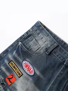 Pantaloncini di jeans blu strappati e ricamati da uomo, stile americano, comodo taglio dritto.