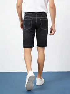 Heren Casual Zwarte Stretch Denim Short Minimalistische Slim Fit Broek Met Contraststiksel En Raw Hem Mode Spijkershort