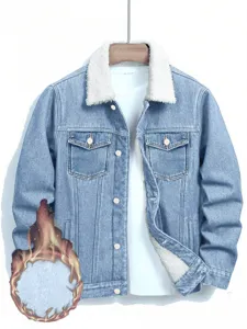 Chaqueta de mezclilla forrada para invierno, abrigo azul lavado con cuello de borrego muy cálido.