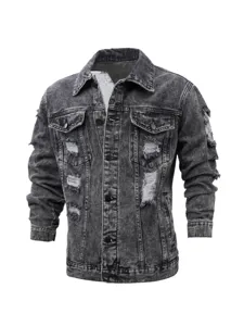 Men's vintage distressed acid wash denim jacket with ripped details for all seasons streetwear.
