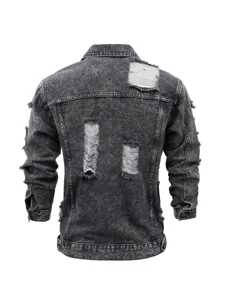 Men's dark grey washed distressed denim jacket back detail, trendy ripped jean outerwear.