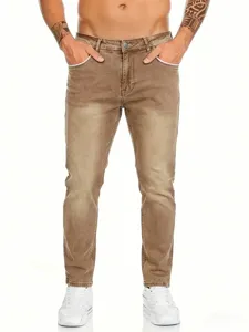 Uomo slim fit straight leg vintage marrone denim jeans casual stretch pantaloni nuovo