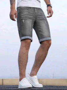 Shorts di jeans stretch grigio retrò da uomo, pantaloncini streetwear vintage casual.
