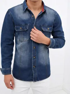 Men Washed Denim Long Sleeve Shirt Cotton Casual Turn-Down Collar Button Down Top Chest Pockets Classic Urban Style Jacket