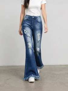 Women's High Waist Distressed Flare Jeans Stretch Denim Pants with Frayed Raw Hem Design