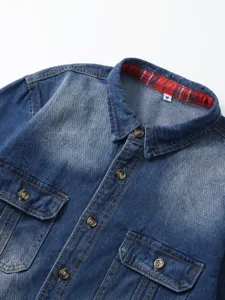 Men long sleeve denim shirt vintage washed casual denim jacket top main view display