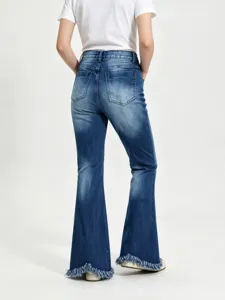 Women stretch denim flare jeans with distressed details and frayed hem slim fit daily wear