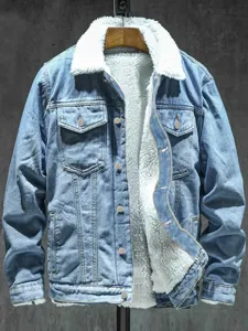 Chaqueta de Mezclilla Acolchada de Invierno para Hombre Forro de Lana Espesado Azul Lavado Casual Solapa Top