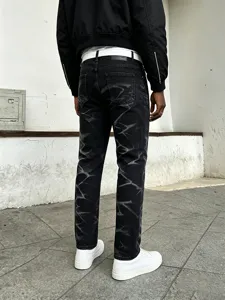 Uomo jeans denim nero lavato tie-dye largo dritto tendenza pantaloni casual estate streetwear