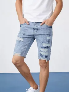 Pantaloncini di Jeans Strappati da Uomo Elasticizzati Blu Chiaro Jeans al Ginocchio Casual Lavati in Cotone