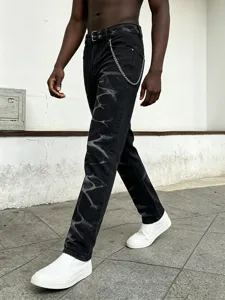Jeans dritti slavati tie-dye neri da uomo con catena in metallo pantaloni streetwear urbani
