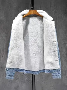 Chaqueta de mezclilla forrada de invierno, abrigo azul con solapa sherpa gruesa