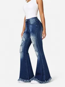 Women's high-waisted stretchy denim flare jeans with distressed ripped details and frayed raw hems.