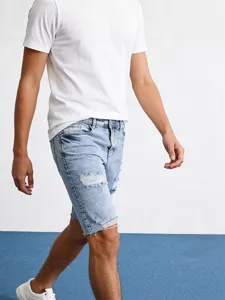 Pantaloncini jeans uomo azzurri strappati estivi elasticizzati bermuda casual moda
