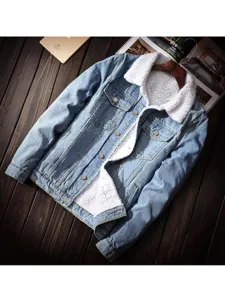 Chaqueta de denim para hombre de invierno gruesa forrada con borreguito sherpa azul