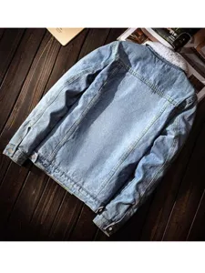 Chaqueta vaquera azul lavada gruesa forrada de felpa de invierno con solapa moderna unisex.