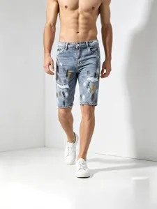 Pantaloncini di Jeans Uomo con Macchie Inchiostro Stretch Taglio Dritto Cotone Stampato Pantaloncini Distressed per Estate Casual Streetwear