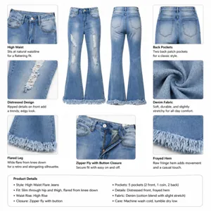High waist distressed flare jeans featuring raw frayed hem and soft stretch denim fabric.