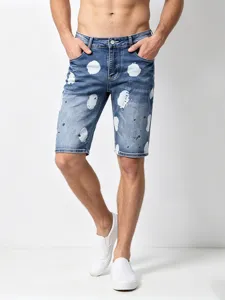 Men summer stretch denim shorts with stylish white paint splatter design casual pants.