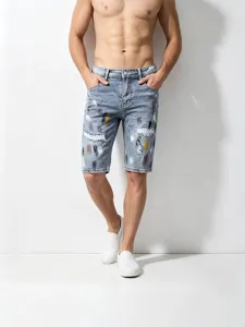 Pantaloncini in denim strappati da uomo estate schizzi di pittura moda dritti 5