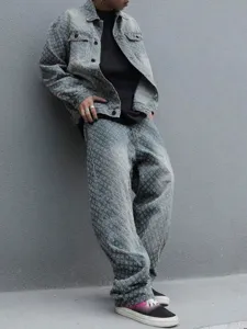 American vintage washed denim jacket and loose straight pants set for men street style