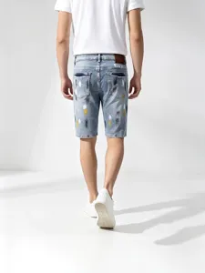 Pantaloncini Jeans Uomo Azzurro Schizzi di Vernice Casual Dritto Bermuda Estate