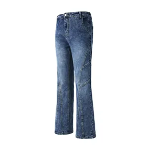 Jean en denim délavé rétro avec coutures de panneaux uniques et tissu extensible pour streetwear.