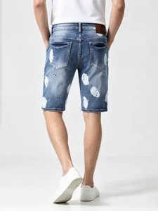 Men summer paint splatter stretch denim shorts casual stylish five point streetwear bottoms.