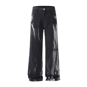 Men's loose straight fit acid wash denim jeans, casual trendy stylish summer trousers.