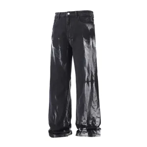 Detailed view of men's tie-dye washed relaxed straight jeans, unique vintage texture style.