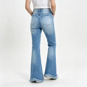 Back view of light wash stretch denim flare jeans featuring stylish frayed raw hems.
