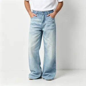 Jeans dritti slavati azzurri da uomo, pantaloni casual dal taglio comodo e alla moda per lui.