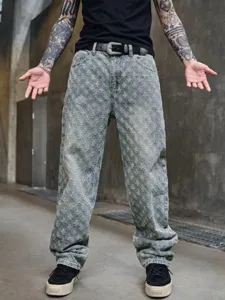 Men's American loose straight wash jeans with all-over cross pattern high street pants