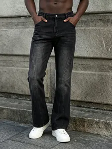 Jeans Droits Patchwork Rétro Américain pour Hommes Streetwear High Street Délavé Usé Pantalon en Denim Élastique Casual Mode Hip Hop