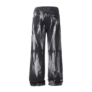 Men's loose straight stretch washed denim jeans featuring a unique tie-dye back view design.
