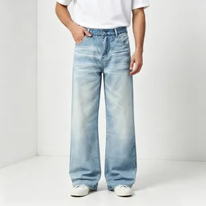 Jeans uomo azzurro chiaro lavato gamba dritta denim casual classico lunghi pantaloni