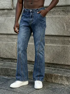 Hommes bleu délavé stretch panneau droit jean casual streetwear denim pantalon