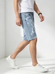 Pantaloncini in Denim Schiarito da Uomo Moda Splash Ink Casual Cinque Punti