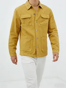 Camisa de Mezclilla de Algodón Casual para Hombre Chaqueta Ajuste Holgado Patchwork Top Manga Larga Cuello Camisero Camisa de Trabajo
