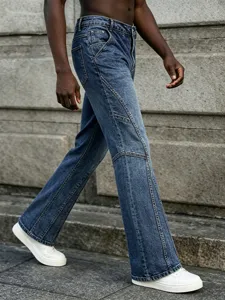 Jean denim droit patchwork lavé vintage américain pour homme mode streetwear quotidien.