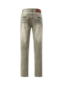 Men's vintage distressed slim straight stretch denim jeans with stylish back leather patch.